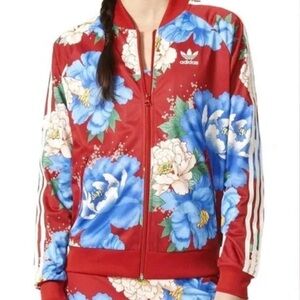 **LIMITED EDITION**Vintage Adidas Women's Red and Blue Floral Bomber Jacket